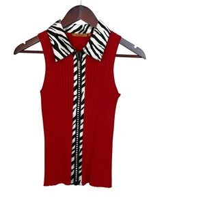 Y2K belldini red ribbed zip top zebra collar rhinestone zipper bodycon